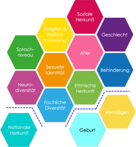 Auflistung von 13 Diversity Dimensionen: Soziale Herkunft; Religion & Weltanschauung; Geschlecht; Sprachniveau; Alter; Sexuelle Orientierung; Behinderung; Neurodiversität; Ethnische Herkunft; Fachliche Diversität, Nationalie Herkunft, Geburt, Vermögen