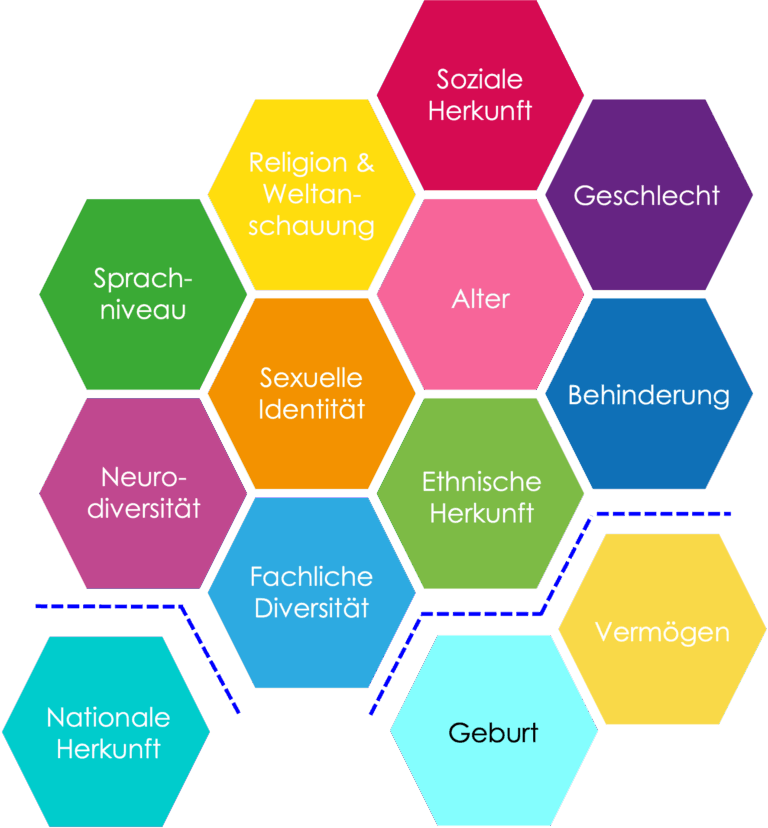 Auflistung von 13 Diversity Dimensionen: Soziale Herkunft; Religion & Weltanschauung; Geschlecht; Sprachniveau; Alter; Sexuelle Orientierung; Behinderung; Neurodiversität; Ethnische Herkunft; Fachliche Diversität, Nationalie Herkunft, Geburt, Vermögen