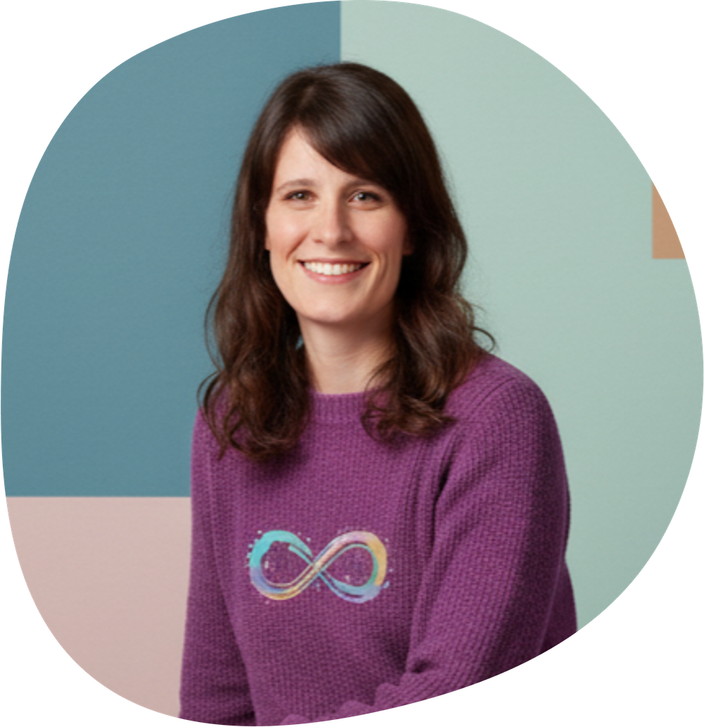 Sarah trägt schulterlange braune Haare und einen lila Pullover mit dem Neurodiversitäts-Symbol darauf: eine auf der Seite liegende Acht in Regenbogenfarben