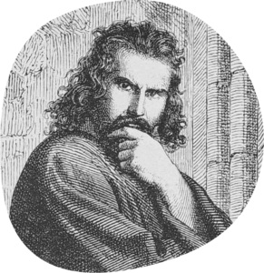 Eine gezeichnete Skizze eines Mannes mit Schnurrbart und schulterlangen lockigen Haaren. Er stützt sein Kinn nachdenklich in die Hand