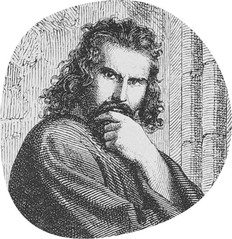 Eine gezeichnete Skizze eines Mannes mit Schnurrbart und schulterlangen lockigen Haaren. Er stützt sein Kinn nachdenklich in die Hand