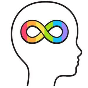 Zeichnung eines menschlichen Kopfs im Profil. Darin eine liegende Acht in Regenbogenfarben (Symbol der Neurodiversitäts-Bewegung)